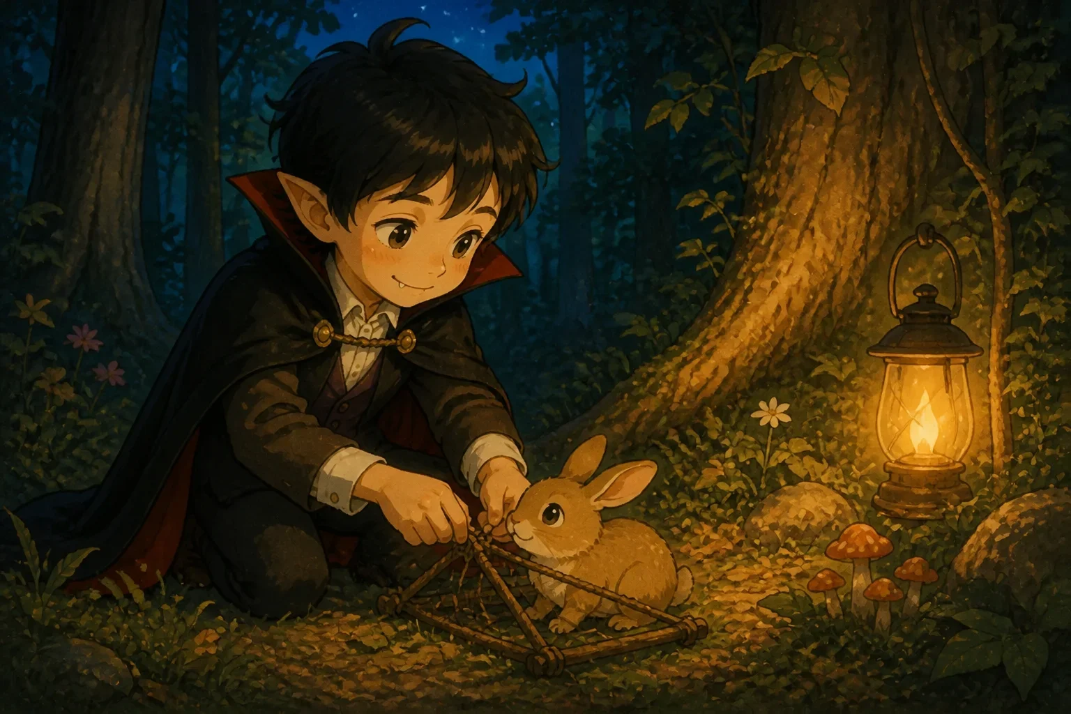 Victor in a dark forest freeing a trapped rabbit, showing kindness and compassion.
