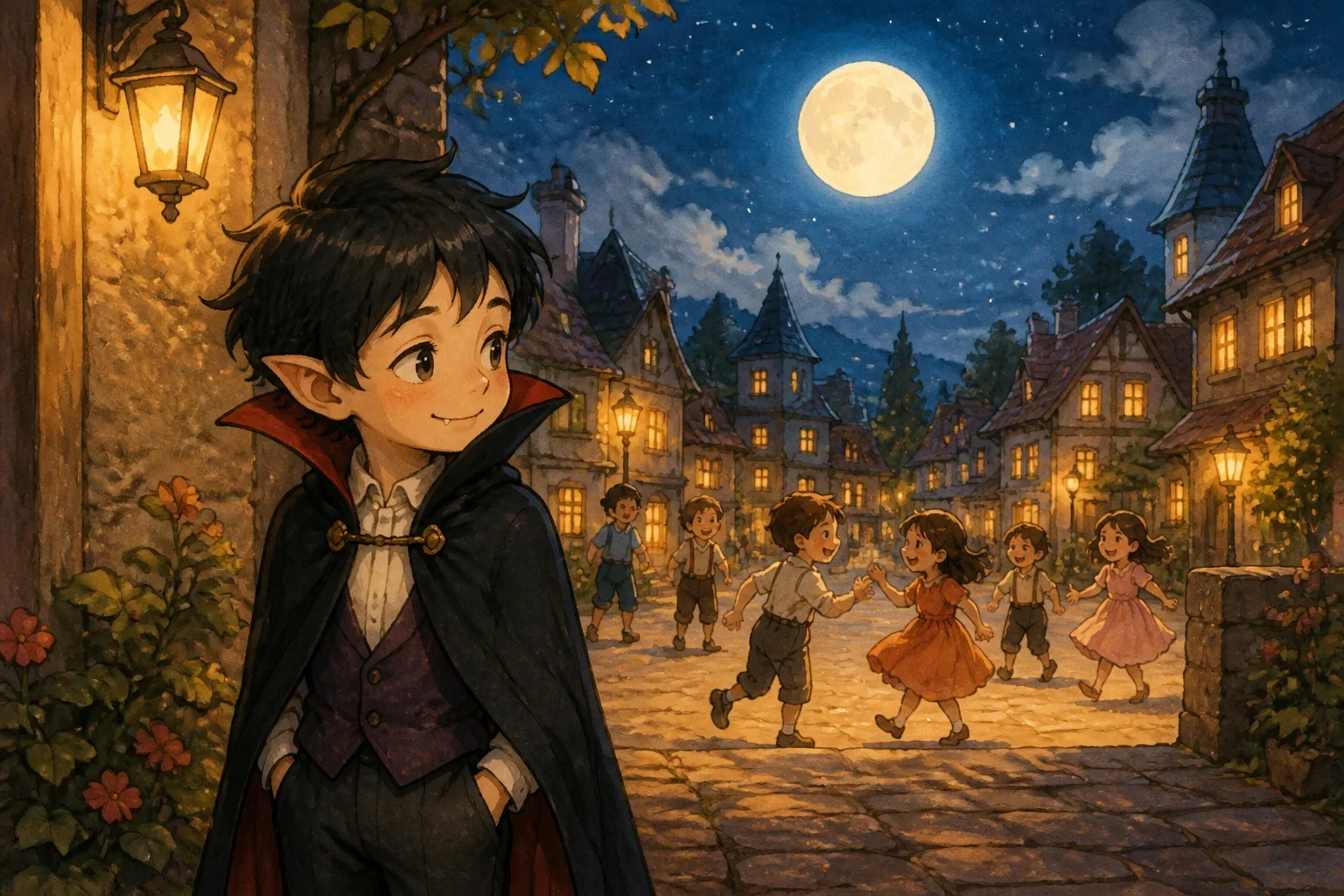 A mystical moonlit village with cobblestone streets and a gentle vampire boy observing children playing under the moon.