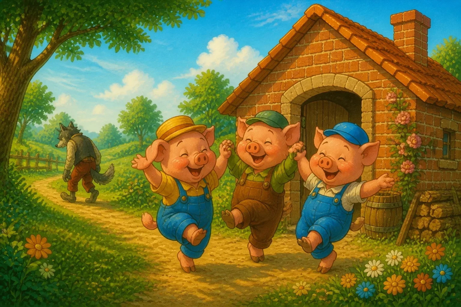 The three pigs celebrating happily outside their indestructible brick house after the wolf gives up.