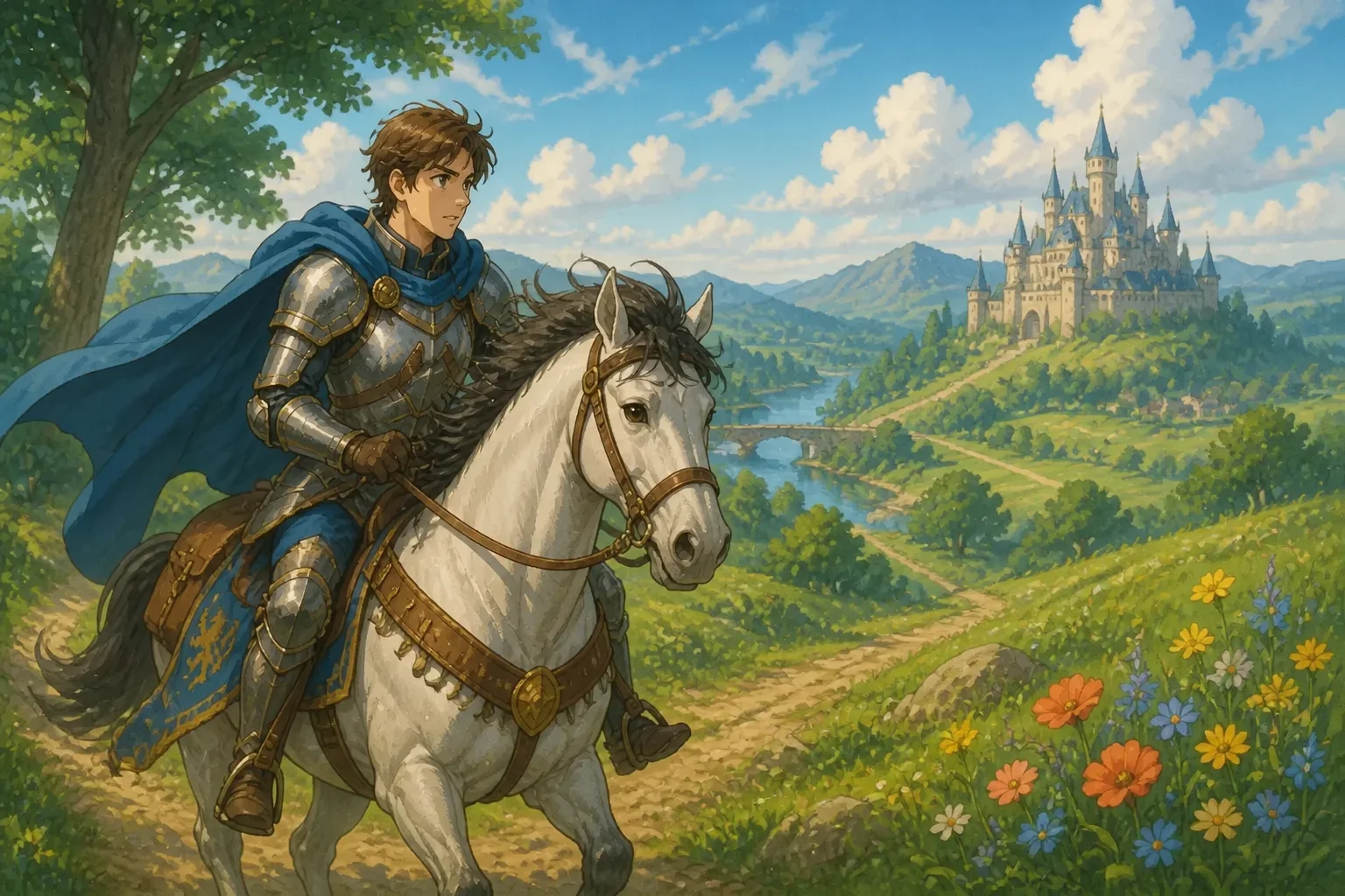 Sir Richard the noble knight riding his horse Valor through the lush green hills on his quest for justice.