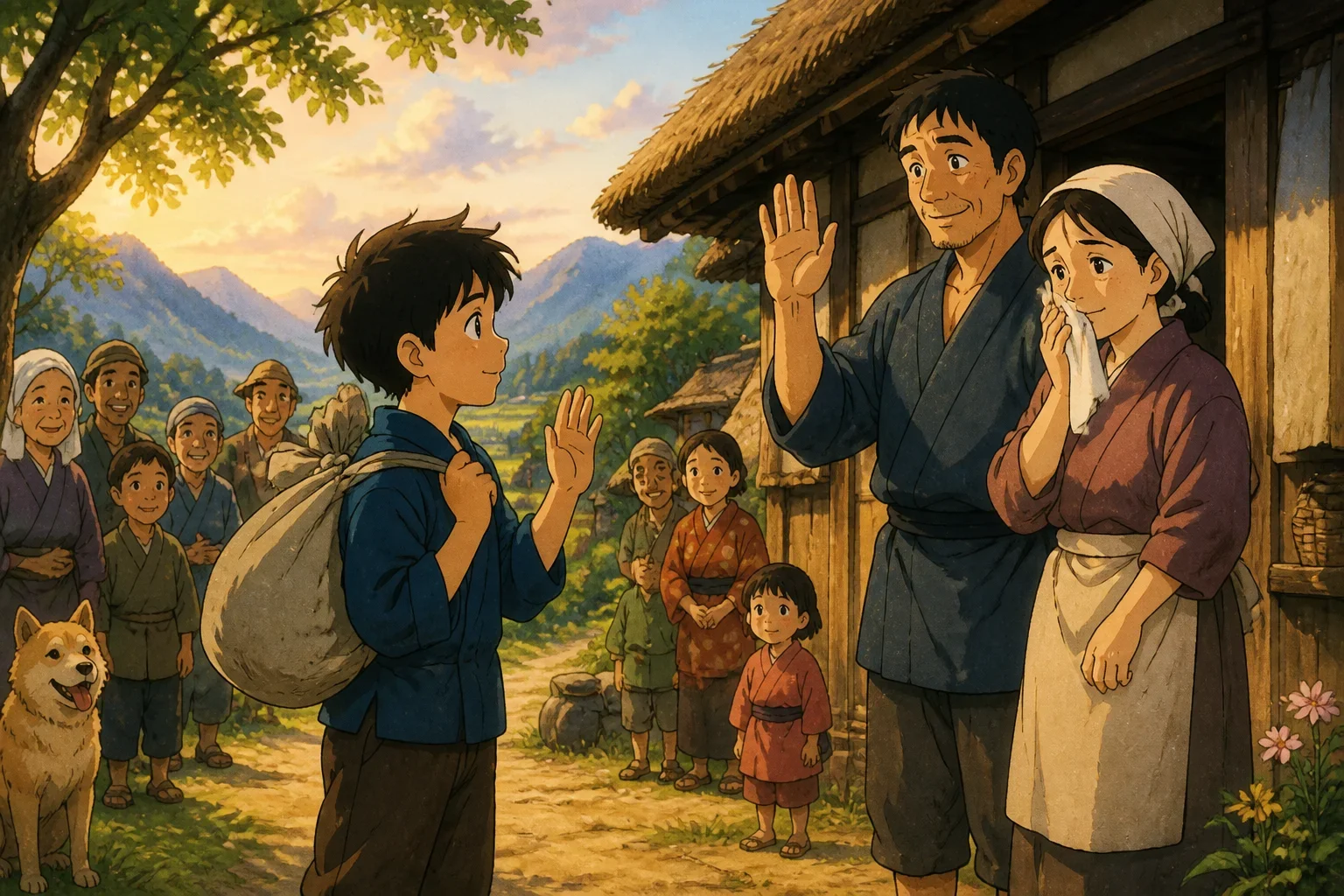 A young boy from a village saying goodbye to his family as he prepares to leave for the city, with emotional expressions on their faces.