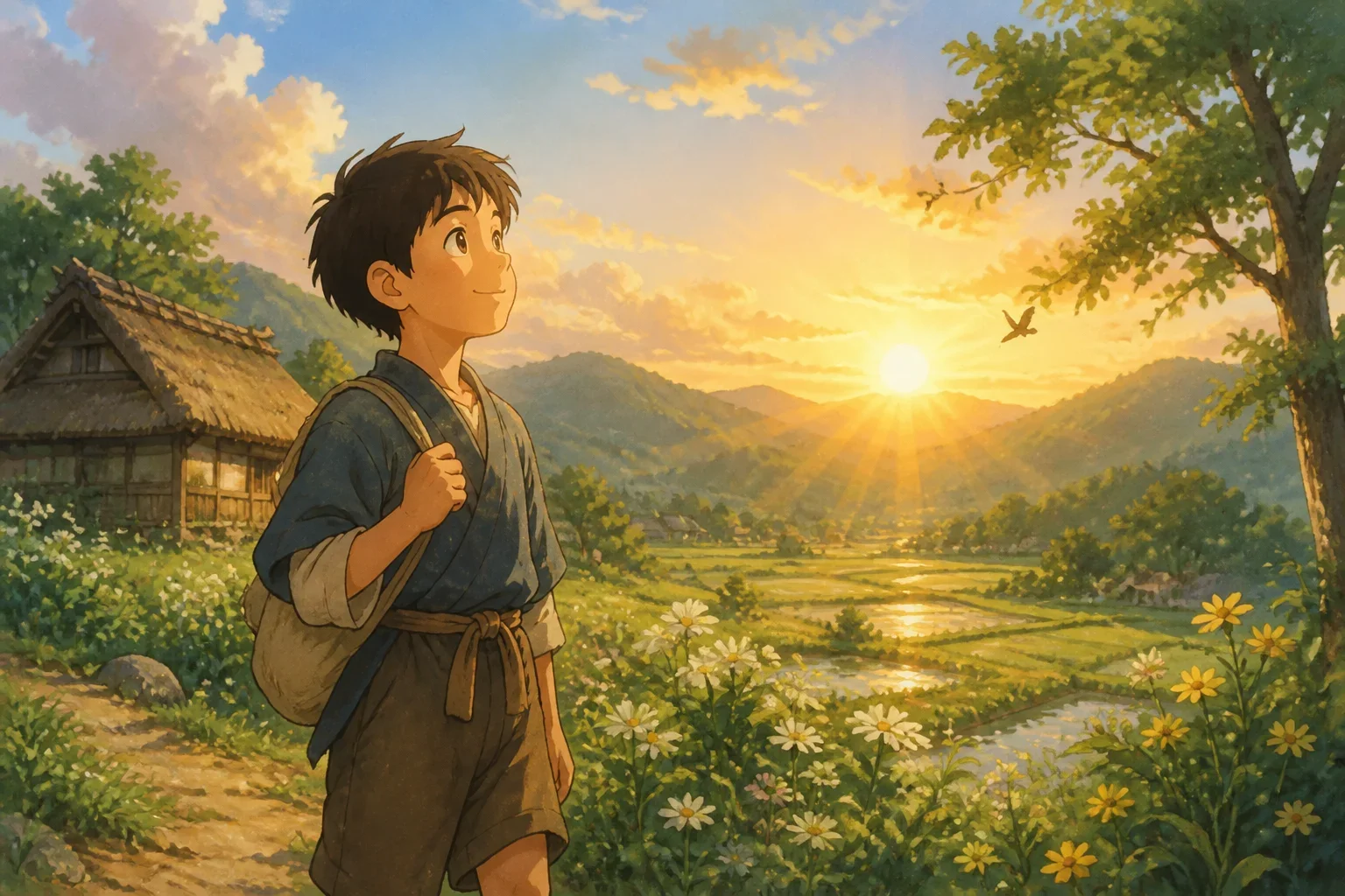 A young boy named Ravi standing in a village field, looking thoughtful as the sun rises behind him, representing the beginning of his journey to understand the value of time.