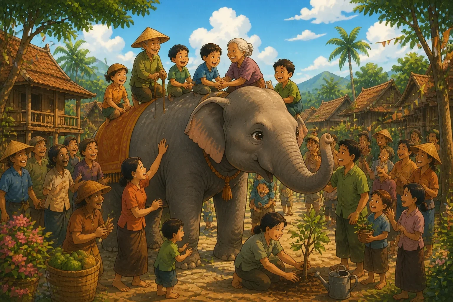 Villagers and Ella celebrating together after the storm, with smiles, a clear sky, and new trees being planted.