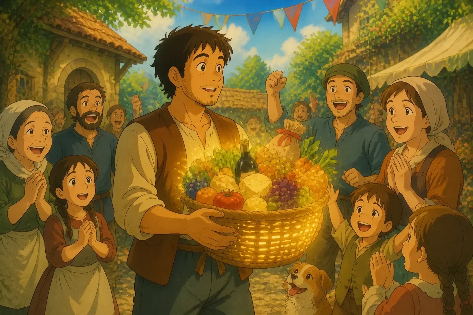 Jake stands before the village square, holding a shining basket filled with fruits, vegetables, and grains. Villagers around him are joyful, dancing, and celebrating their newfound abundance.