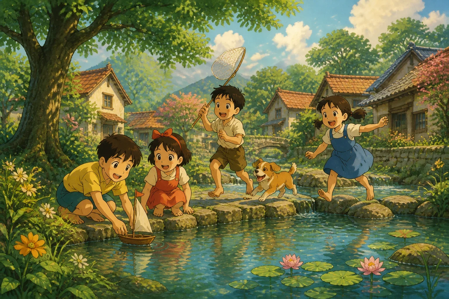 Children playing happily near a peaceful village pond with greenery and a cheerful atmosphere.