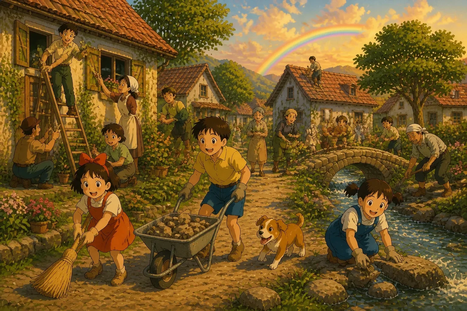 Villagers working together happily to clean and repair their village, symbolizing hope and positive thinking.