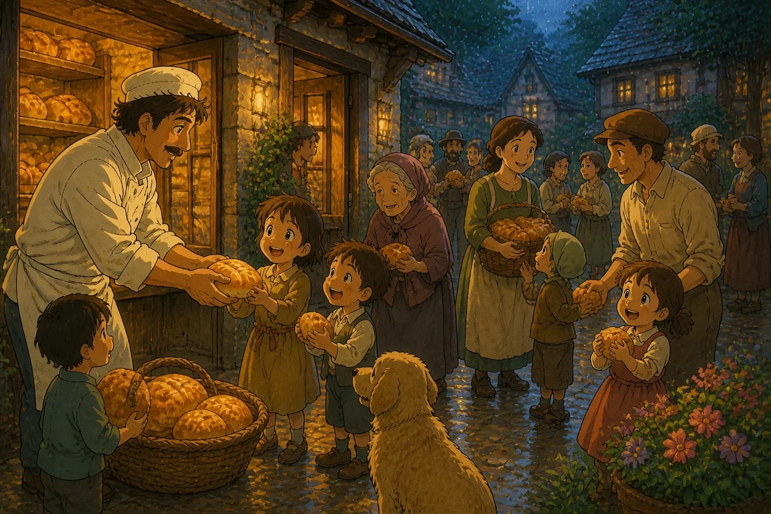 Villagers gathered outside the bakery, smiling and sharing leftover food and help with each other, spreading kindness.