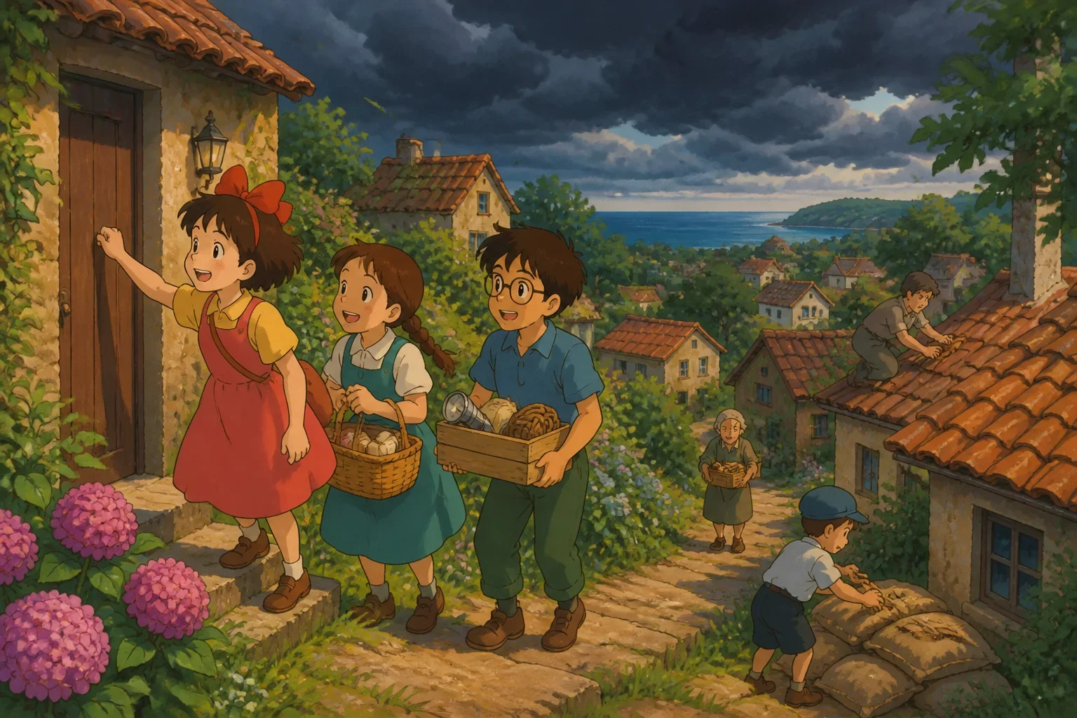 Young girl and her friends knocking on doors and gathering supplies to prepare for an approaching storm in a lush, green village.