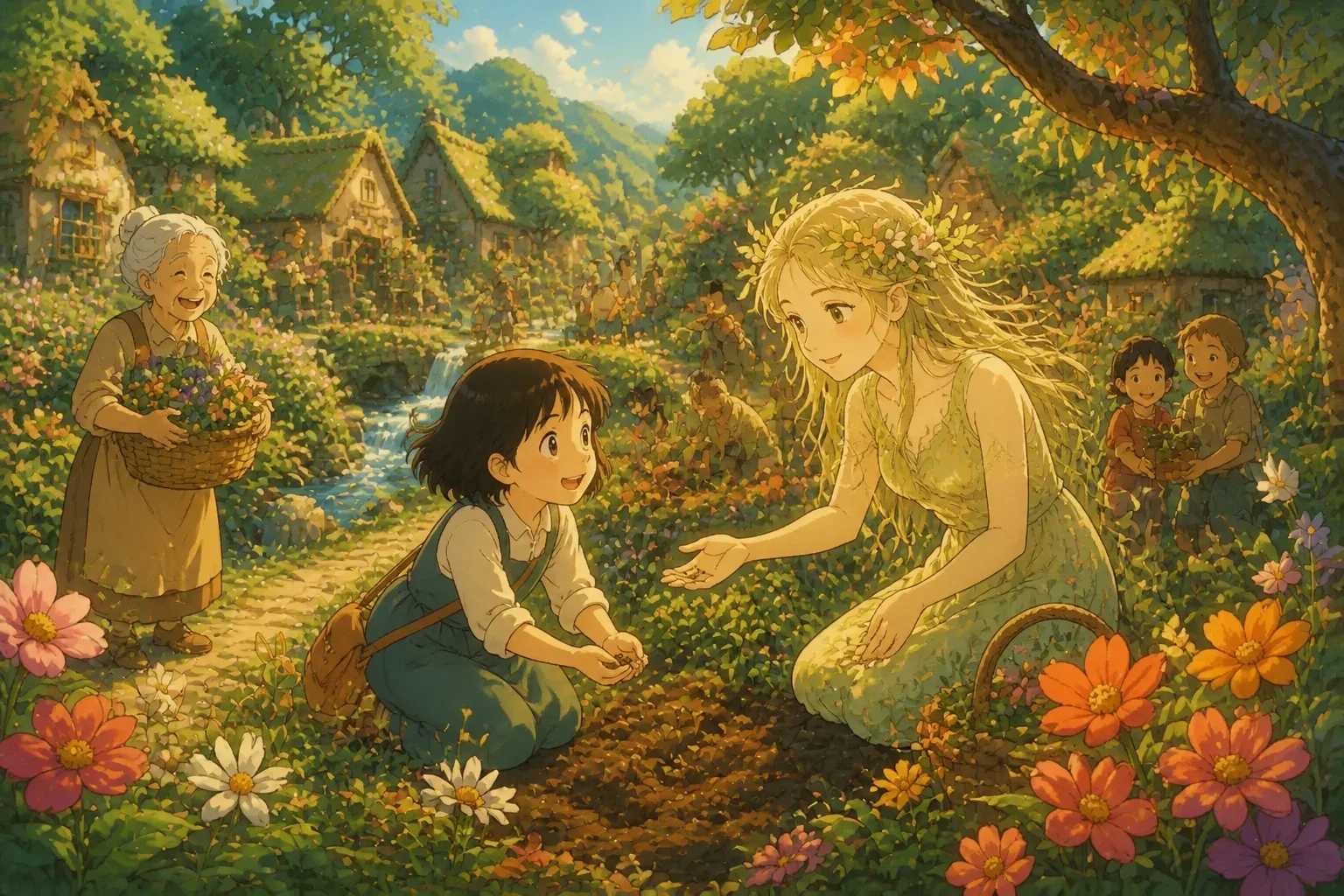 Villagers planting seeds and helping each other in a blooming village, with colorful flowers and smiling faces, embodying kindness and renewal.