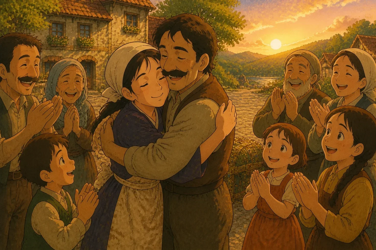 A joyful reunion where the young man’s father embraces Elara, showing gratitude and emotional warmth, with villagers smiling around them.