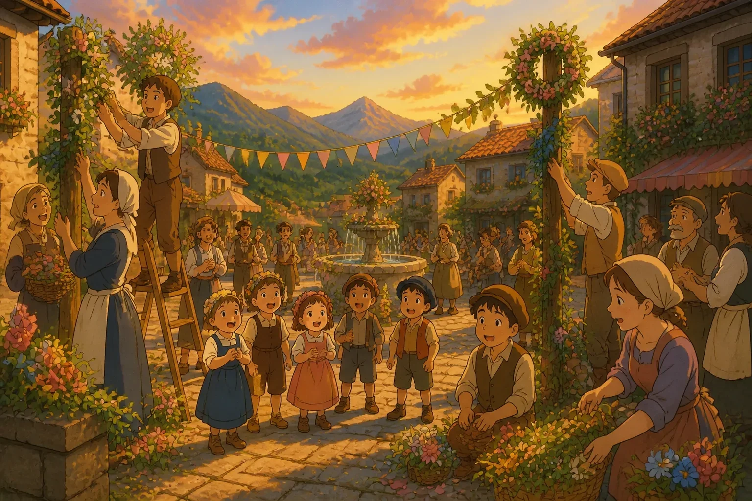 Villagers in a small village decorating with colorful flowers and singing joyfully, a sign of hope rekindling in their faces.