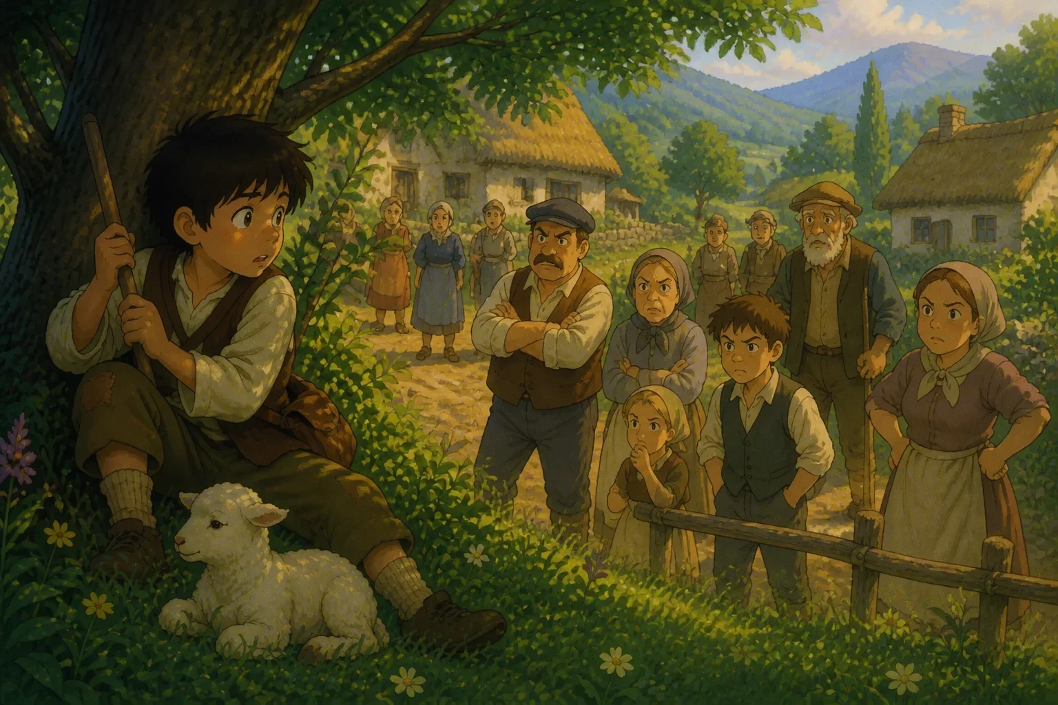 A group of villagers standing in the distance, looking skeptical and disbelieving as they hear the boy's cries for help about the wolf attacking.