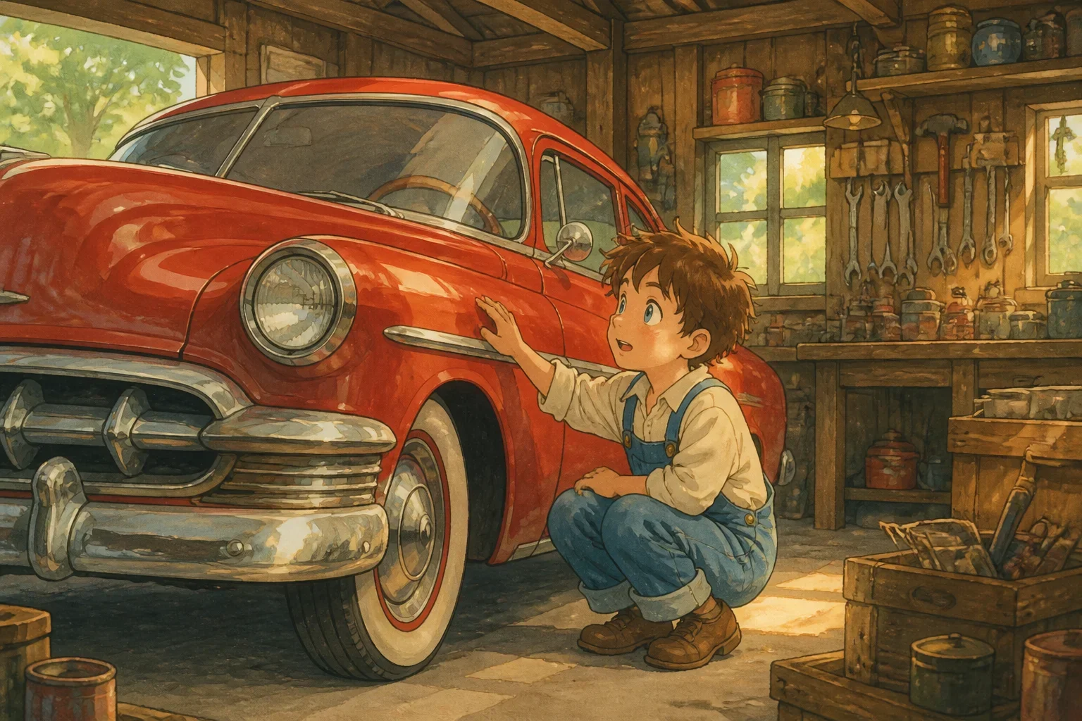A young boy Tommy exploring his grandfather's old garage filled with tools and a gleaming vintage red Chevrolet from 1955.