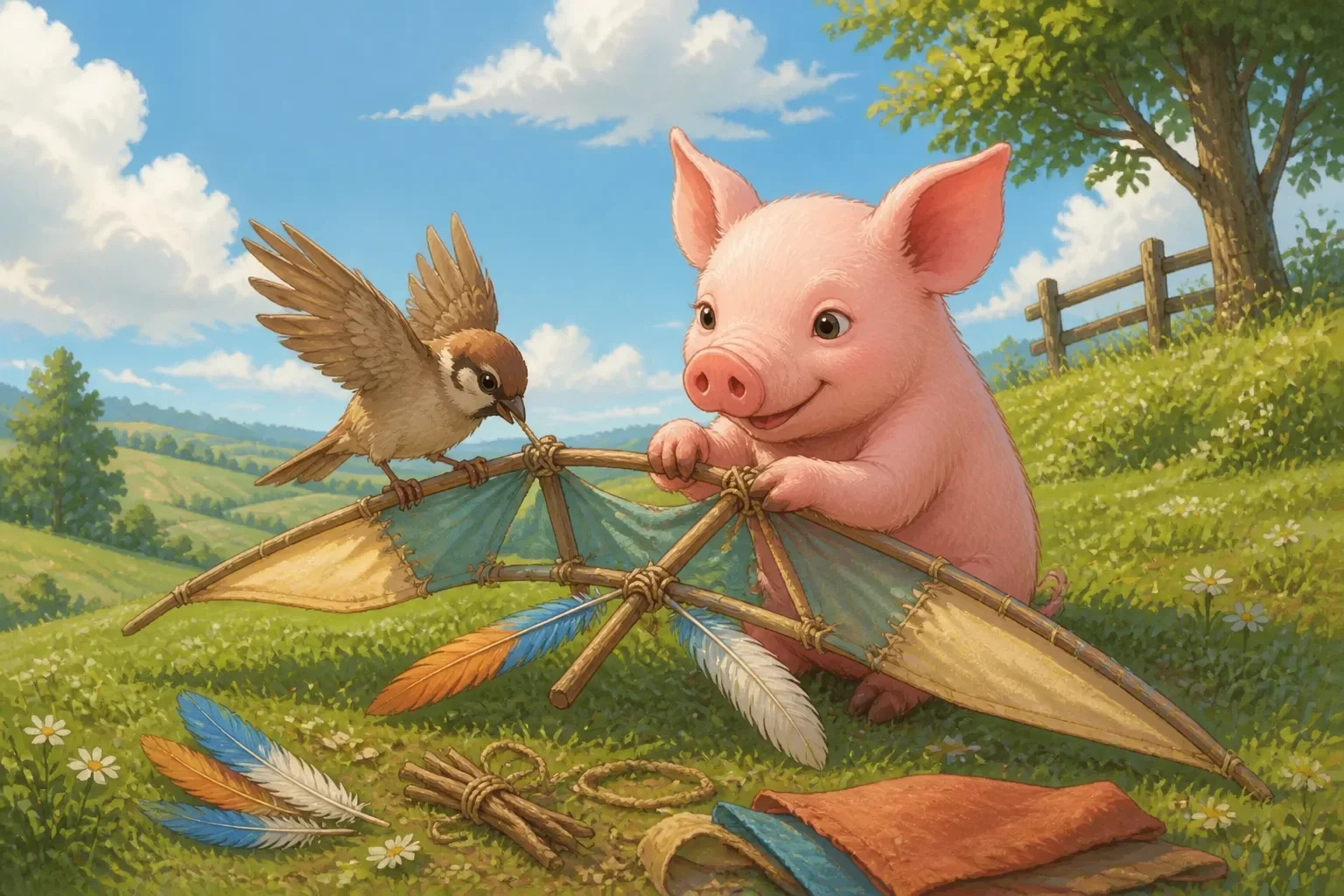 Wilbur the pig and Bella the sparrow working together on a colorful homemade glider with feathers, twigs, and cloth pieces on a farm hill.