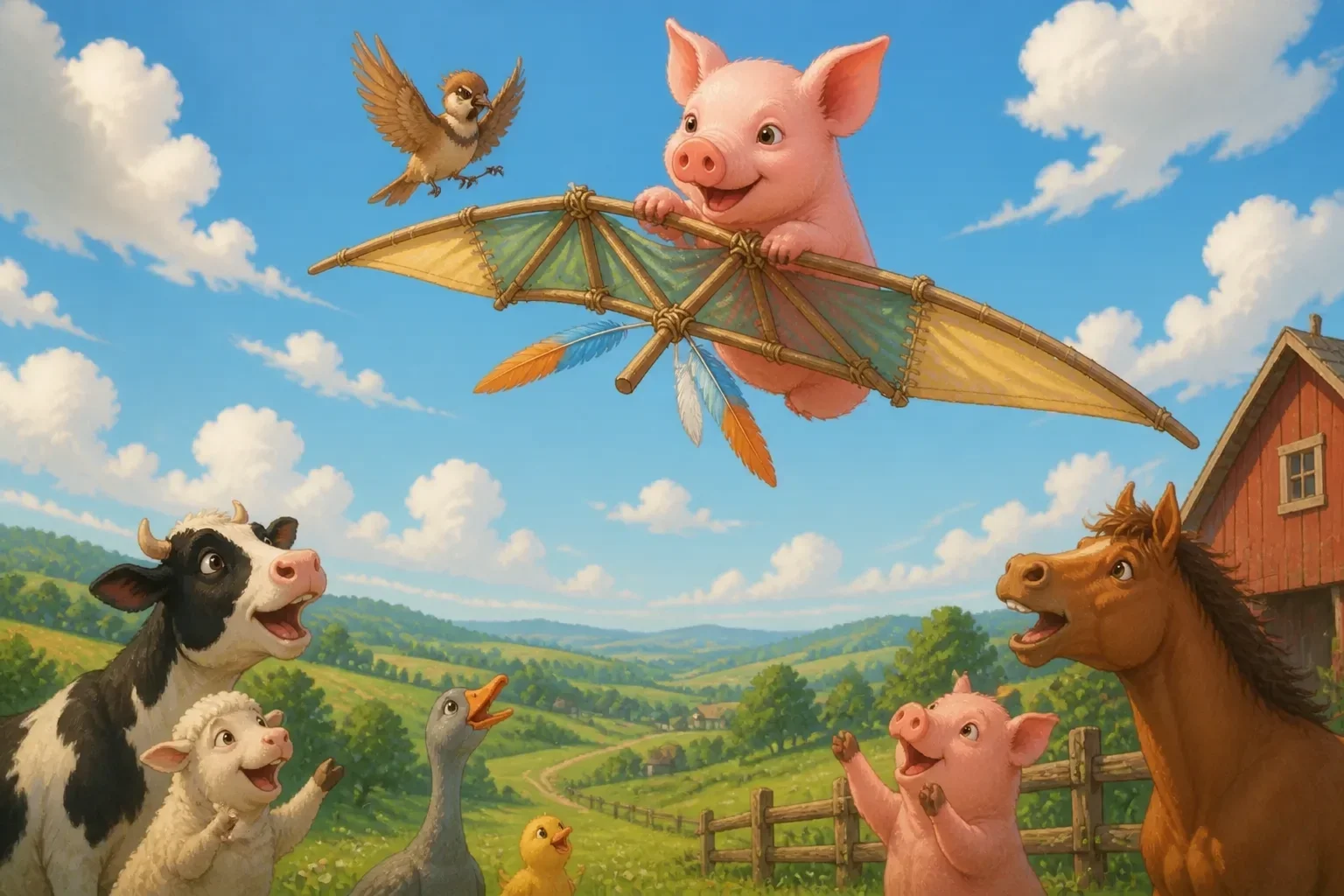 Wilbur the pig soaring in a handmade glider above expansive green fields with a bright sky, animals below watching in awe and cheering.