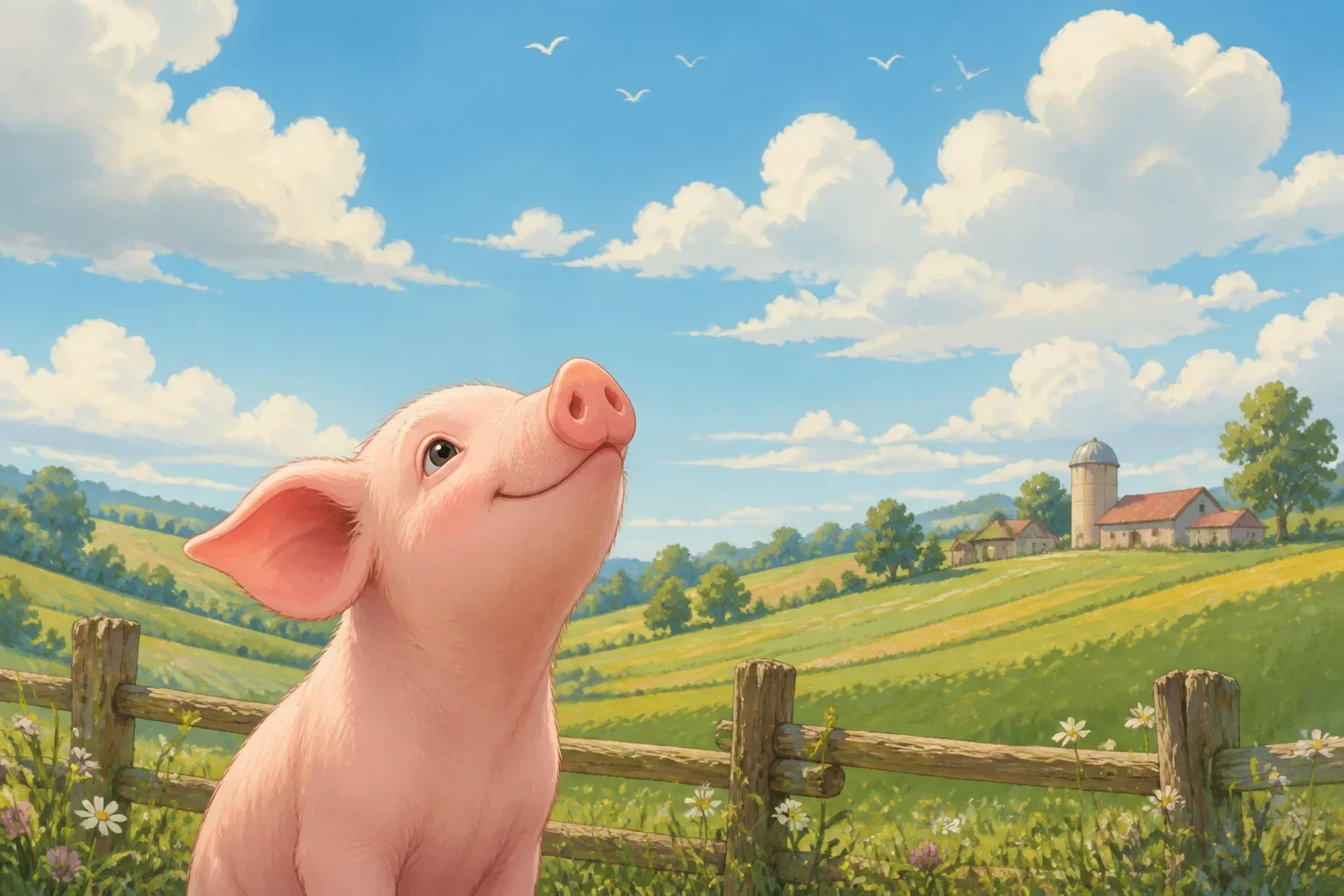 A cheerful pink pig named Wilbur standing in lush green fields under a bright blue sky, looking up at the clouds with a hopeful expression.
