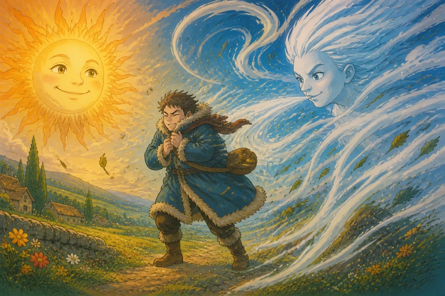 The Wind gusts fiercely around a traveler who clutches his coat tightly, unable to remove it despite the strong gusts.