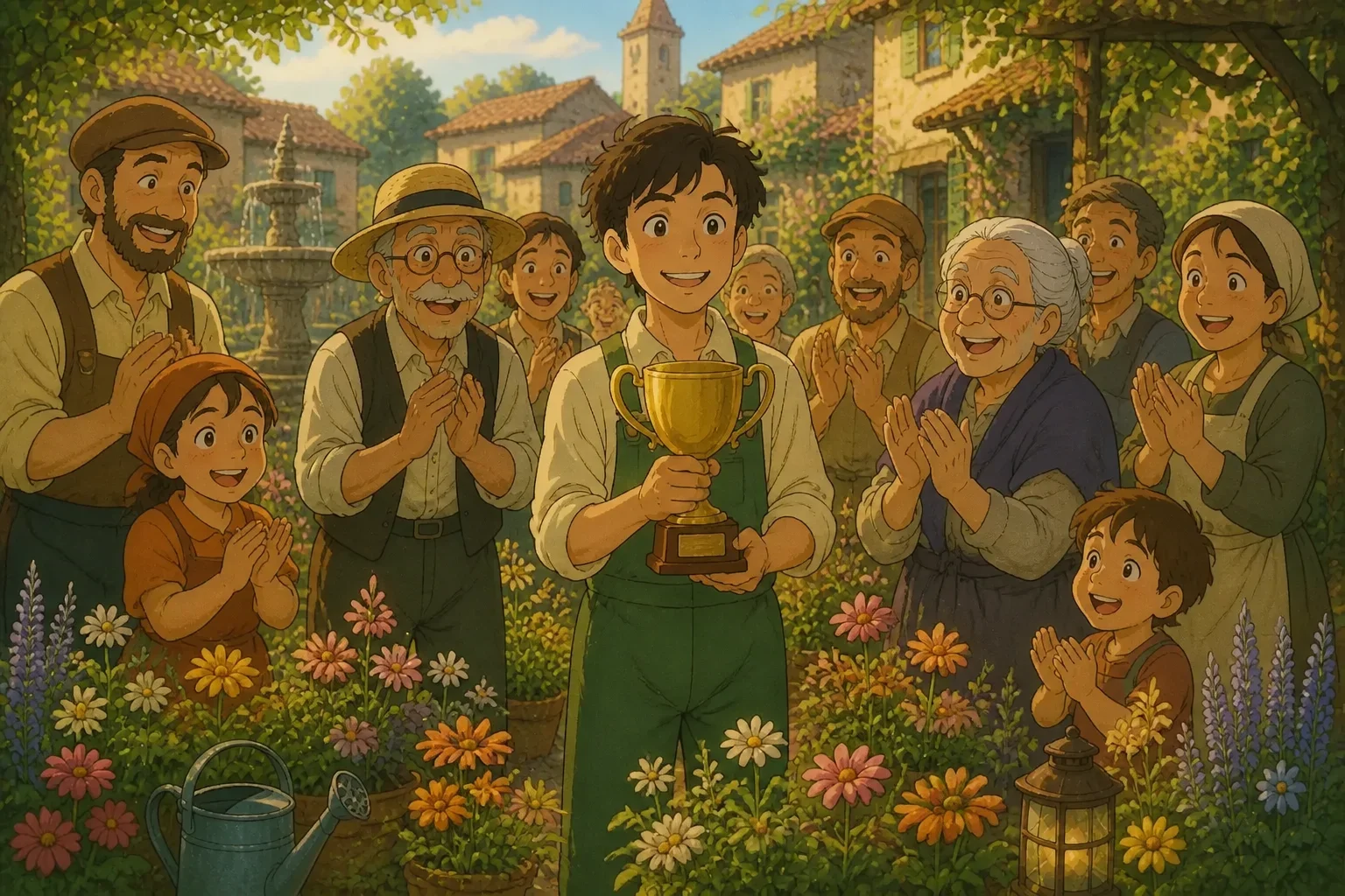 Tom happily accepting his award in the village square, villagers clapping around him, with his simple garden in the background radiating warmth and love.