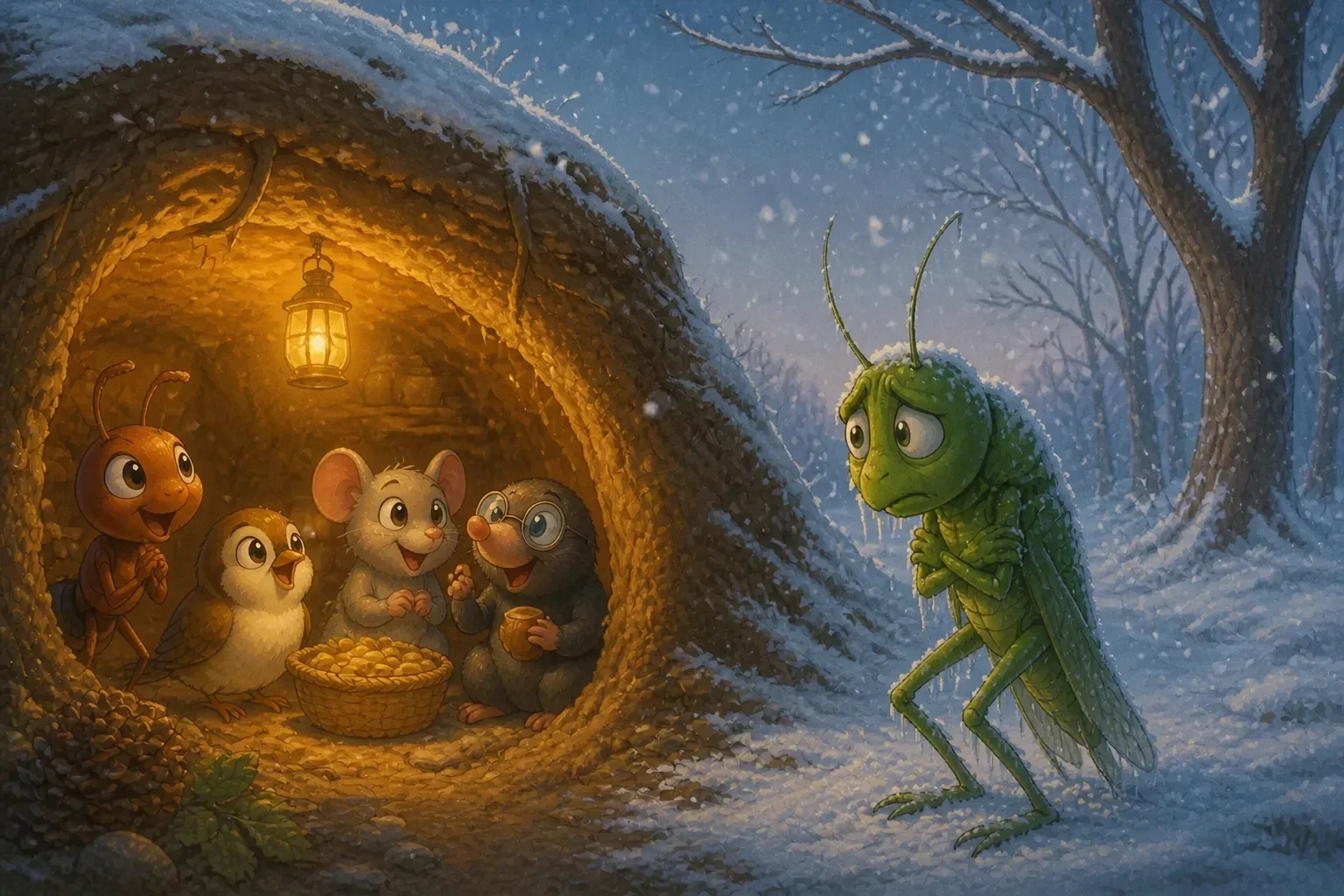 A cold, wintry scene with a shivering grasshopper looking hungry and cold outside Annie’s cozy underground home, with snow-covered trees.