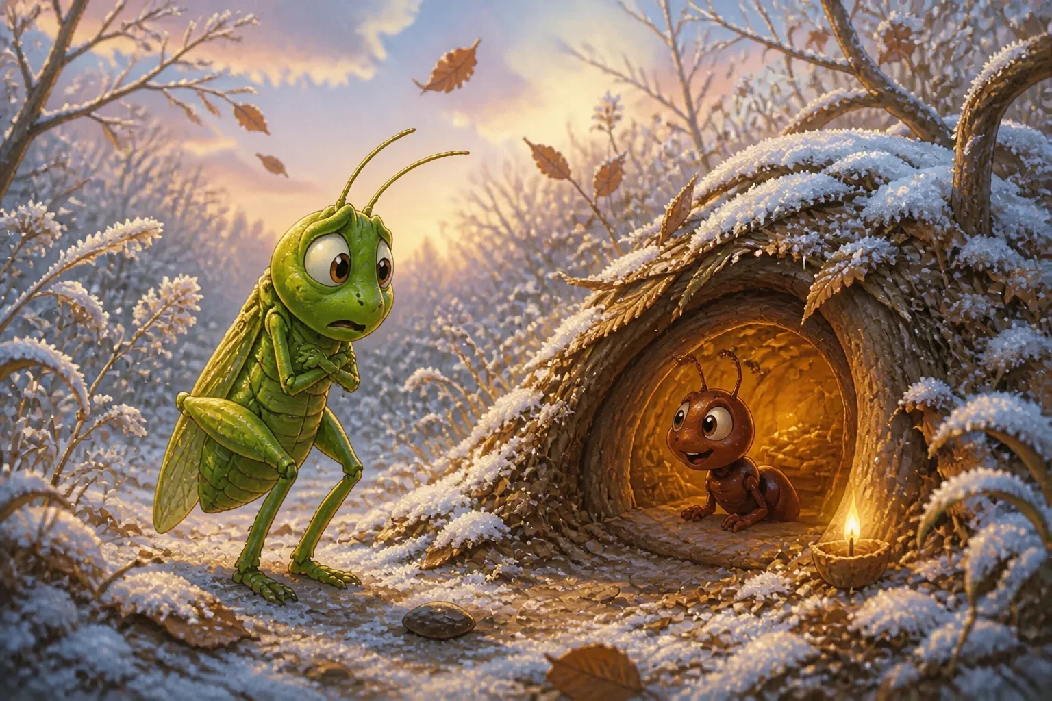 Greta the grasshopper, looking cold and worried, approaching Anton the ant's cozy home to ask for food.