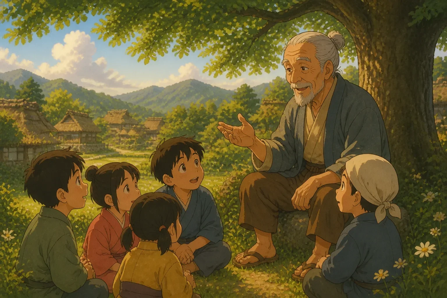 An elderly wise man speaking to Ravi and his friends under a large tree, sharing life lessons about the value of time, with attentive children listening.