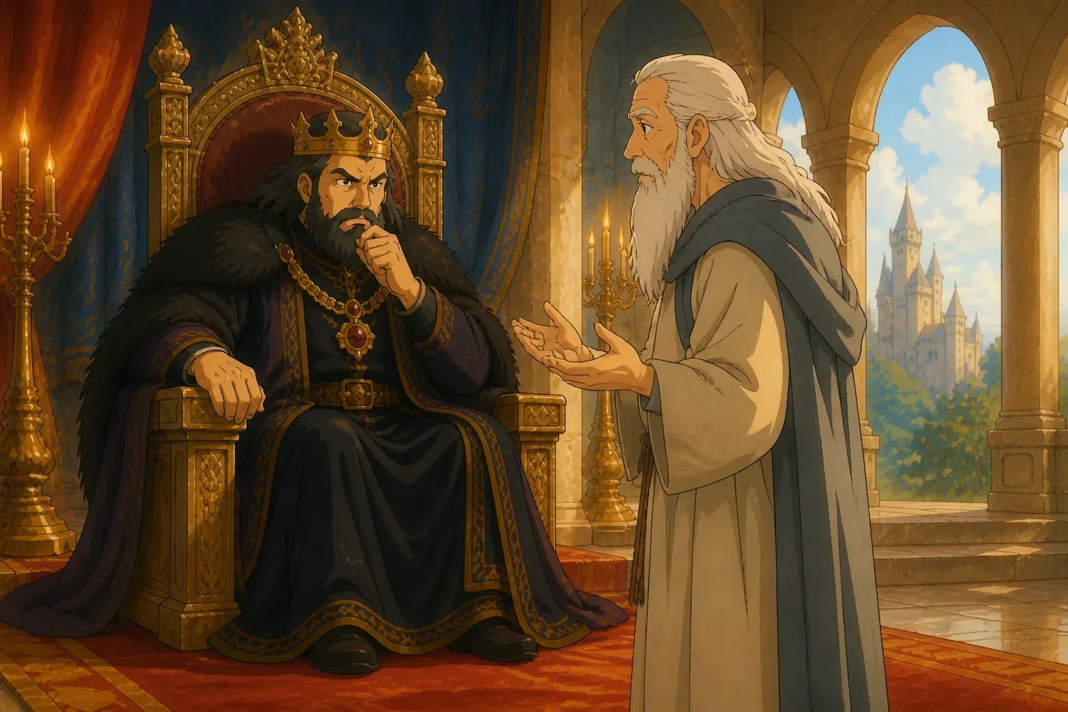A gentle, wise old man with long white beard and kind eyes talking earnestly to King Reginald in his grand throne room.