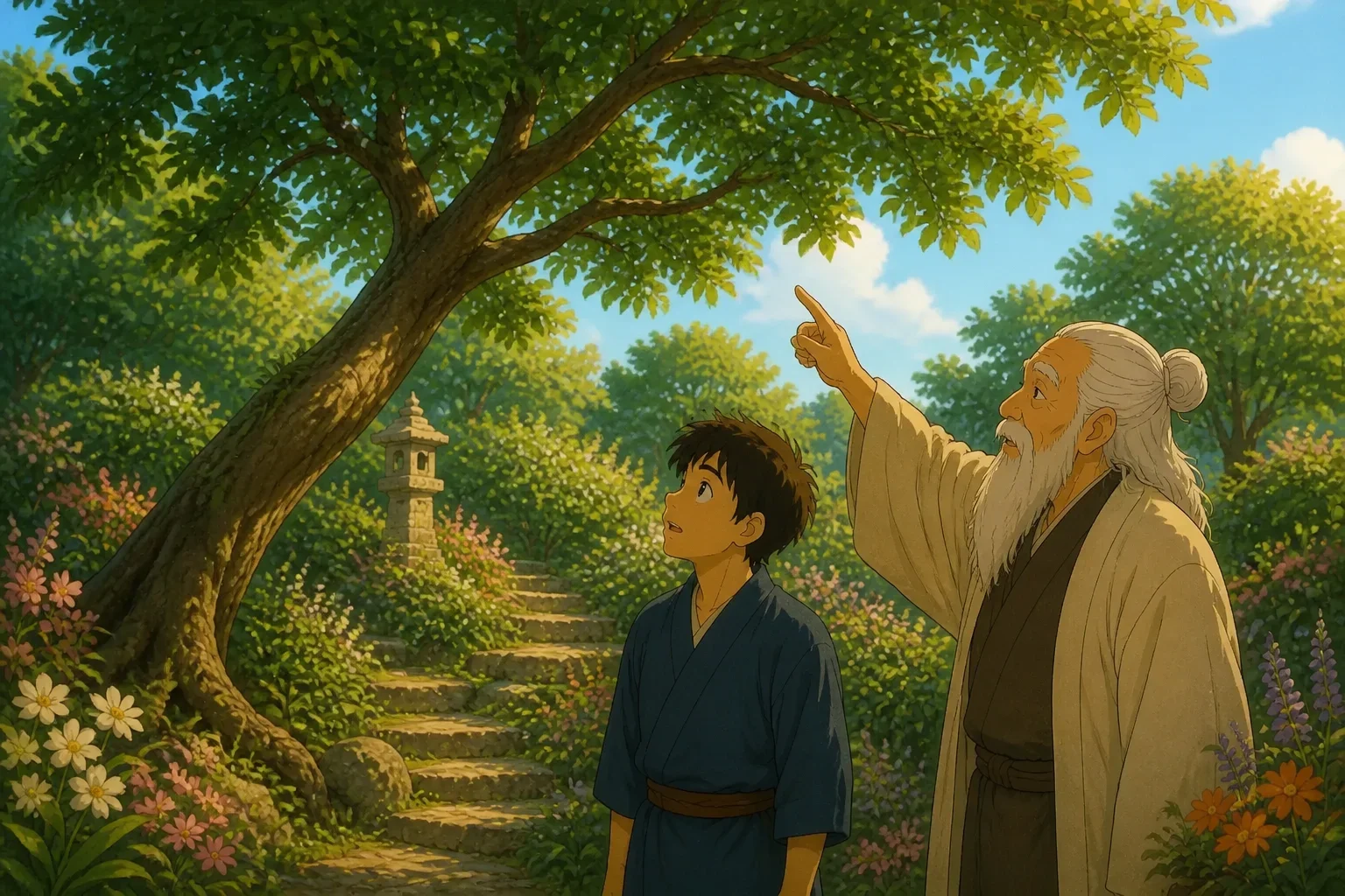 The wise old man pointing towards a tall, leaning tree in the garden, with the young man looking up with admiration and curiosity.