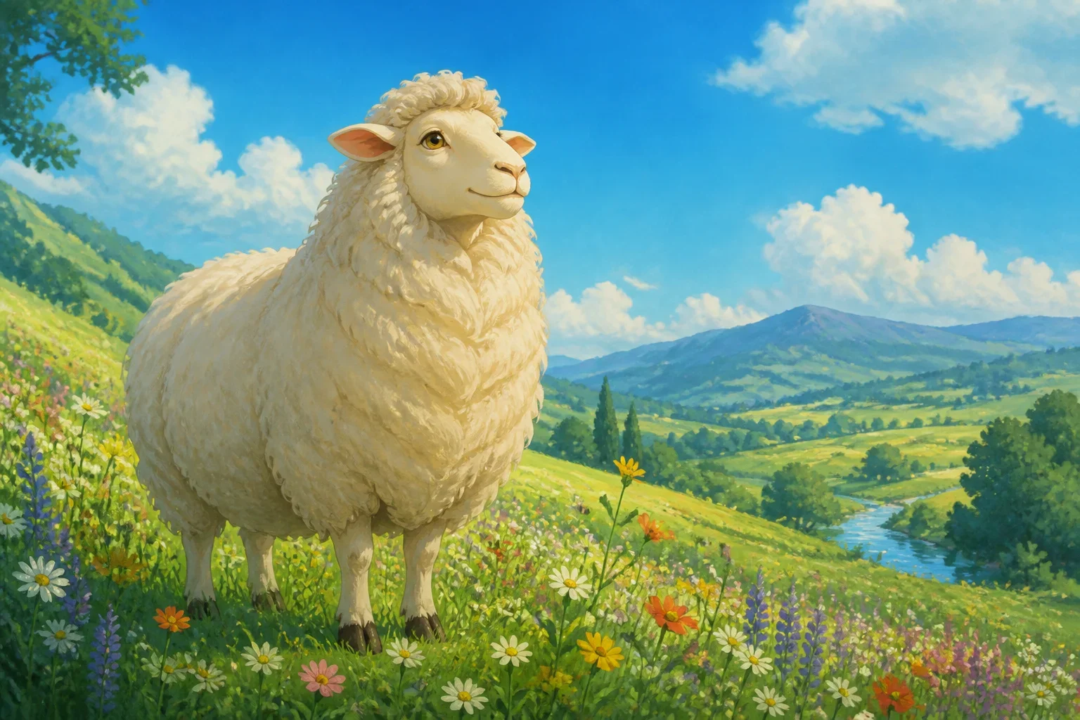 An old sheep with white wool and sparkling eyes, standing confidently in a lush green meadow surrounded by wildflowers, under a bright blue sky.