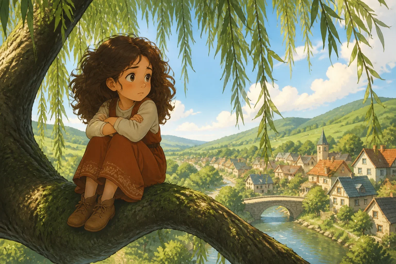 A young girl sitting on the branch of a majestic willow tree, feeling thoughtful and a bit worried, in a peaceful village setting.
