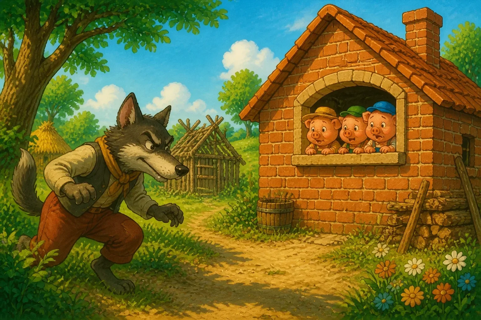 The clever wolf sneaking up to the sturdy brick house as the three pigs look worried inside.