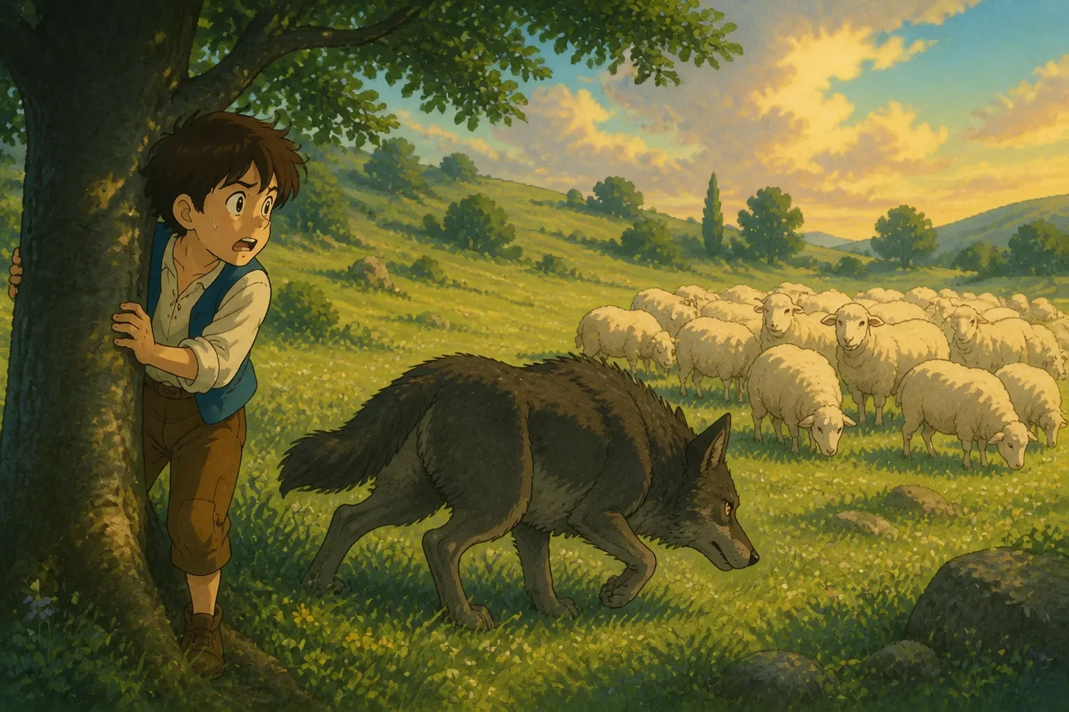 A realistic-looking wolf sneaking through the trees towards a flock of sheep in an open field, with the shepherd boy watching nearby.