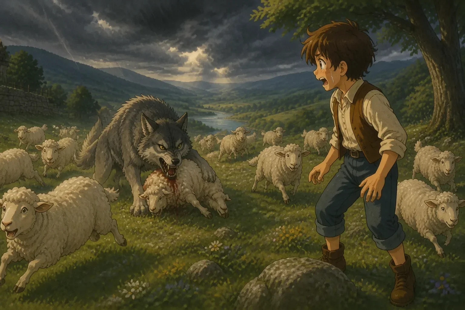 Fearful young boy watching anxiously as a wolf attacks sheep in a meadow, with a somber expression and scattered sheep fleeing, under a darkening sky.