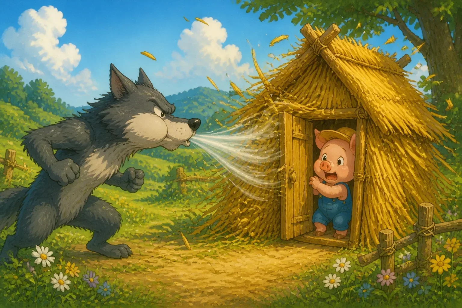 The wolf huffing and puffing at the straw house with the first pig looking worried at the door.