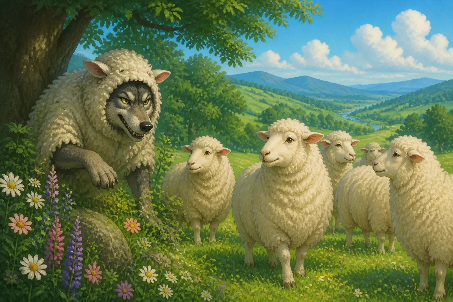 A dark-furred wolf wearing a sheep's wool disguise, sneaking towards a peaceful flock of sheep with a mischievous expression, near the edge of a forest.