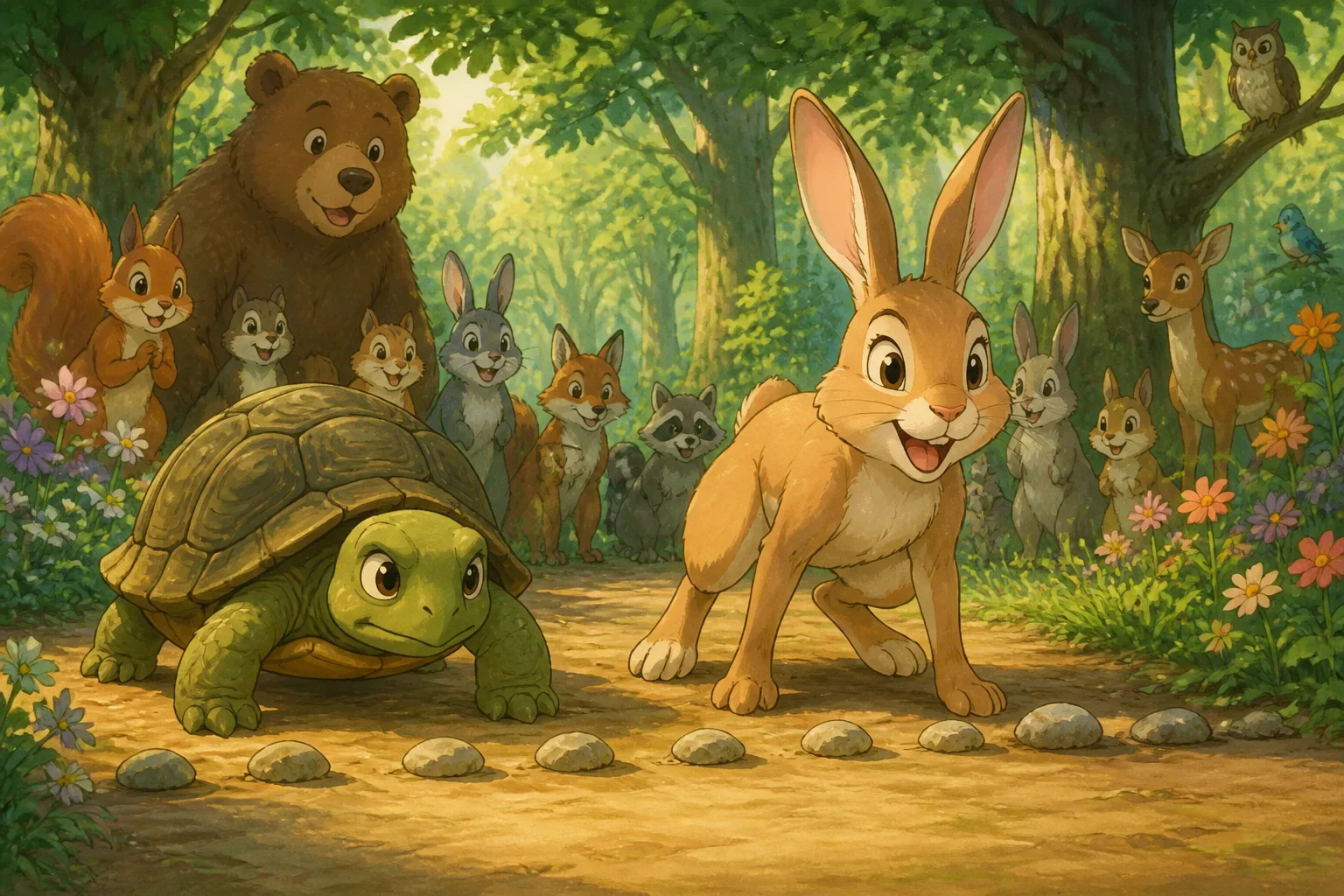 In a sunny, colorful woodland, Tina the tortoise and Harry the hare are at the starting line of a race, surrounded by curious animals and lush trees.