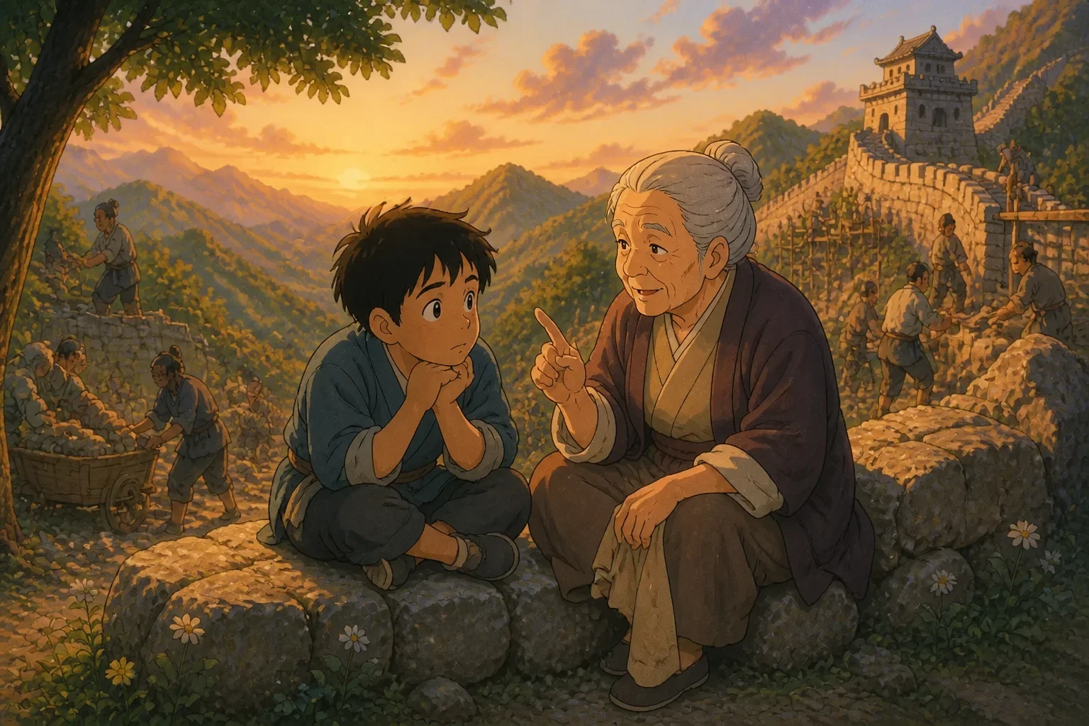 A young boy and an elderly woman sitting on a stone near the Great Wall, sharing a moment of encouragement and wisdom, with the wall under construction in the background.
