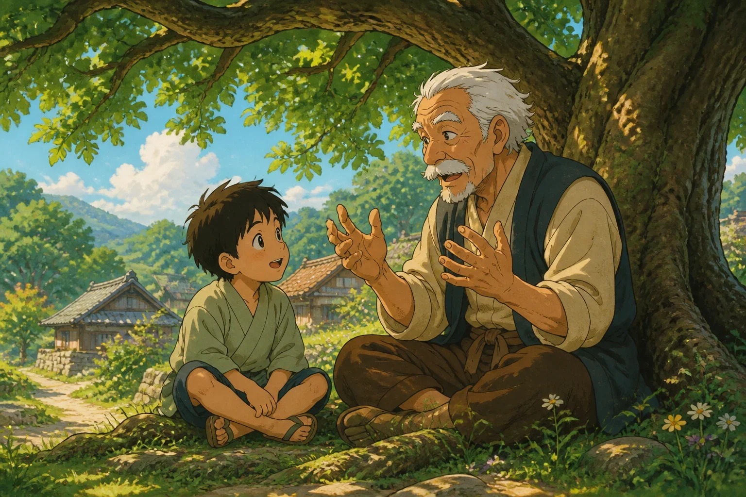 A young boy sitting peacefully under a large oak tree listening attentively to a wise old man telling a story, with a gentle, warm atmosphere.