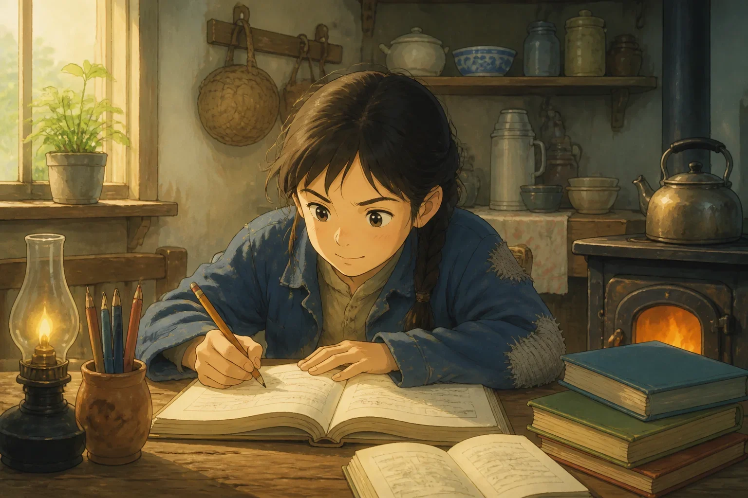A young girl wearing a worn blue jacket and hand-me-down clothes sitting at a small kitchen table, studying her textbooks with a hopeful expression.