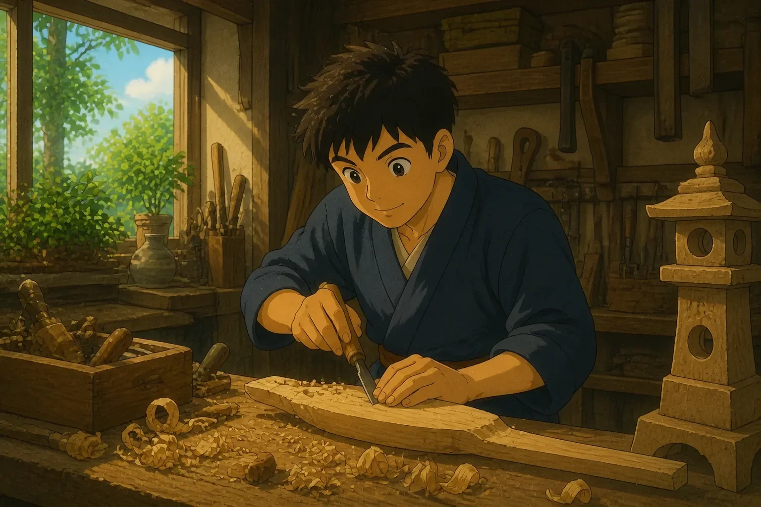 The young man working diligently in a craft workshop, surrounded by tools, with a look of satisfaction and determination, embodying perseverance and success.