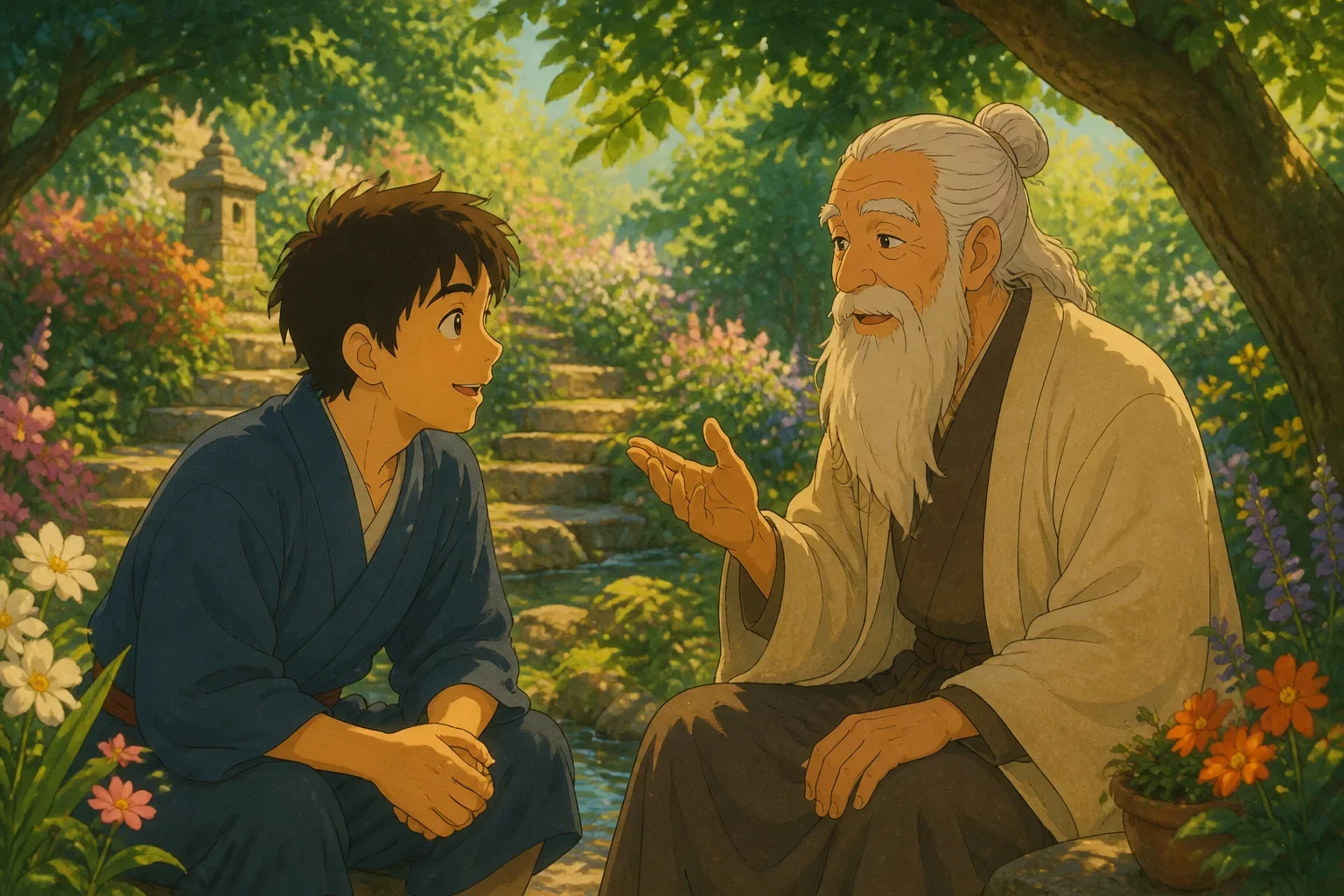 A young man with a hopeful expression meeting an elderly wise man in a lush garden filled with colorful flowers and tall trees, bright sunlight filtering through the leaves.