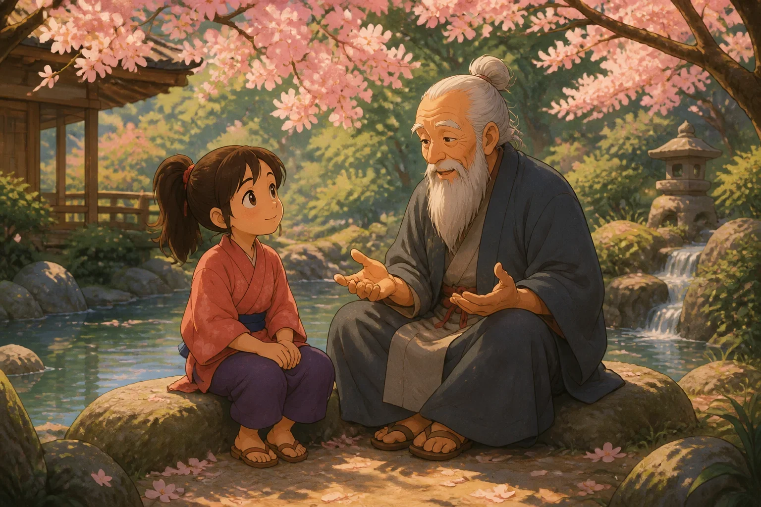 A young girl sitting peacefully by a tranquil pond, listening to a wise Zen master in a serene garden setting with blooming cherry blossoms.