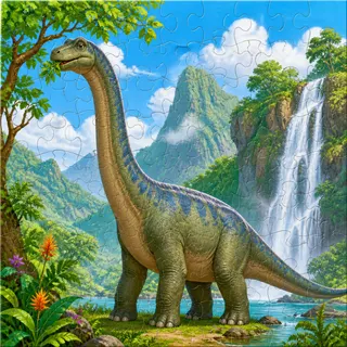 Brachiosaurus by waterfall kids jigsaw puzzle illustration