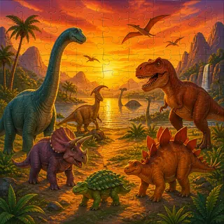 Dinosaur herd at sunset kids jigsaw puzzle artwork