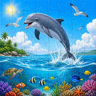 Dolphin jumping in ocean kids jigsaw puzzle illustration