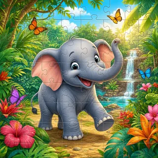 Colorful illustration of an elephant in a tropical jungle for a kids jigsaw puzzle