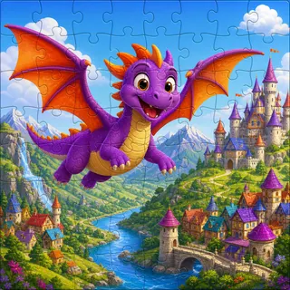 Flying dragon over fantasy kingdom kids jigsaw puzzle