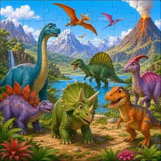 Friendly dinosaurs in prehistoric landscape kids jigsaw puzzle
