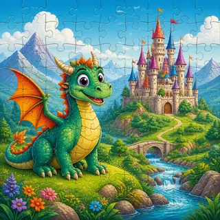 Friendly dragon in castle valley kids jigsaw puzzle illustration