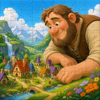 Friendly giant and tiny village kids jigsaw puzzle illustration