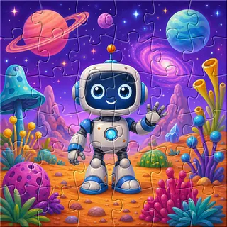 Friendly robot on alien planet kids jigsaw puzzle scene